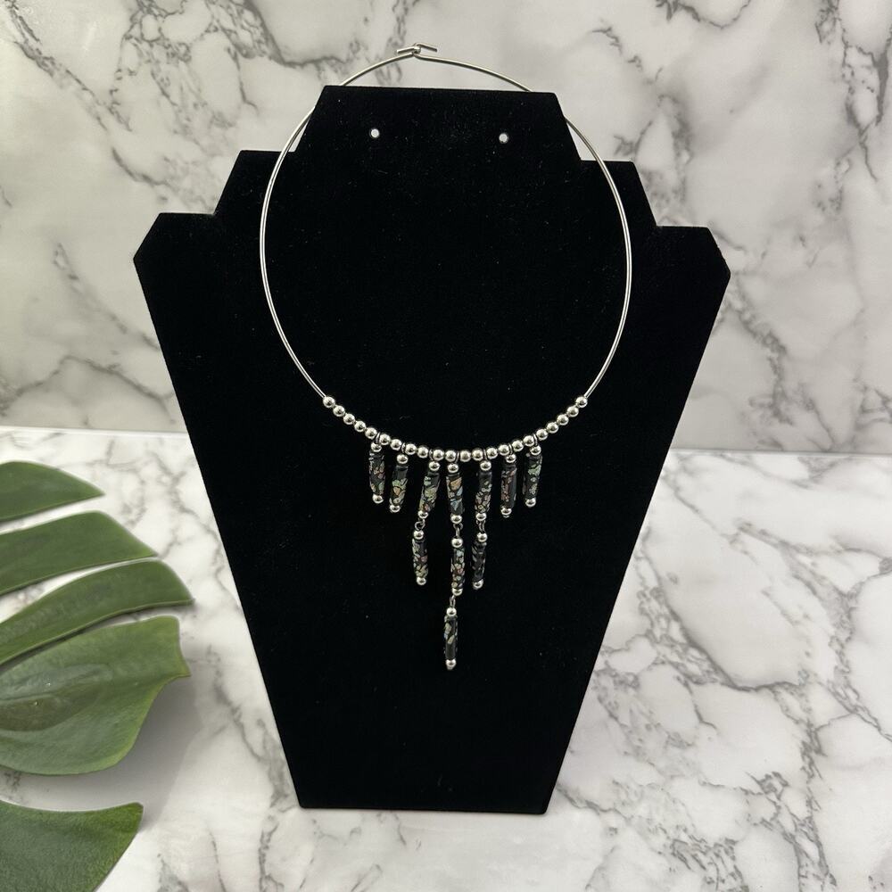 Vintage Y2k Silver Black Choker Necklace Floral Clay Beads Metal Ring Bib